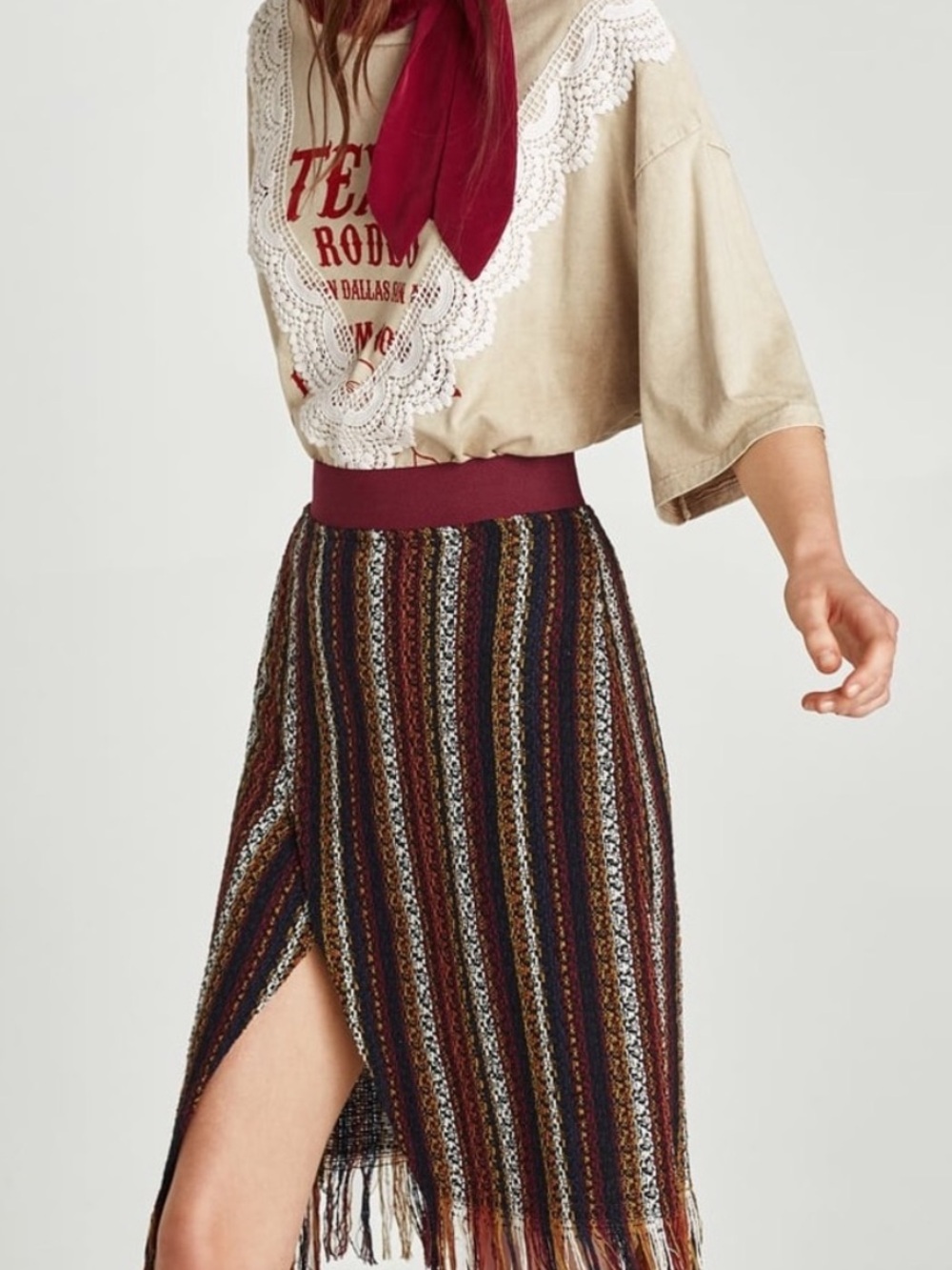 Zara Burgundy Waist Striped Fringe Midi Skirt